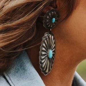 Stamped Sterling Silver & Turquoise Concho Earrings.